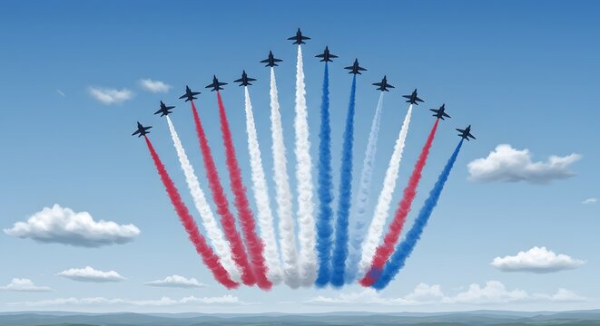 Air Show Jet Planes Performing Precision Flight Maneuvers with Colorful Smoke Trails