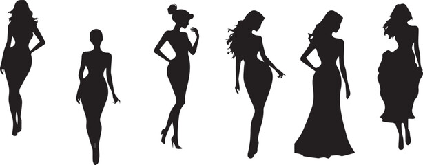  women silhouettes in diverse poses on a white background. Modern flat design aesthetic, eerie creepy atmosphere. Warm golden glow, dark tones, unsettling details, simple two-dime