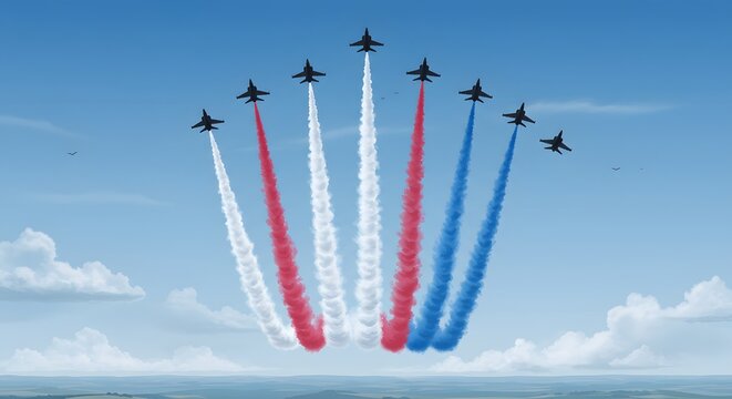 Spectacular Air Show Jet Team Flying in Formation with Colorful Smoke Trails - Powered by Adobe