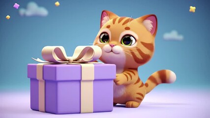 Charming 3D Render of Cartoon Cat with Purple Gift Box Cream Ribbon and Pastel Sky Celebratory Joyful Design