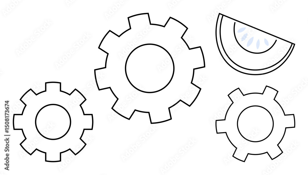 Poster three interlocked gear shapes with detailed edges paired with a sliced circular segment. ideal for t