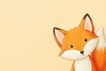 Naklejka premium Cute orange fox illustration with large eyes and fluffy tail, set against a soft pastel background, perfect for children's designs and playful themes