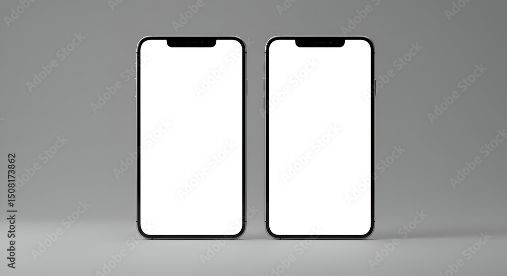 Poster modern smartphones with blank screens in a studio setting. two identical devices positioned side-by-
