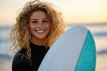 Smiling Female Surfer at Beach During Golden Hour, Surfer, Surfing, Beach
