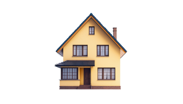 A charming two-story yellow house with a dark-brown roof, windows, and door, sits on a small stoop
