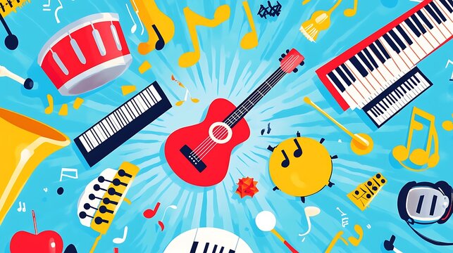 Colorful musical instruments in a vibrant design.