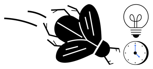 Black insect in motion near conceptual lightbulb and clock representing innovation, urgency, speed, creativity, energy, productivity, and efficiency. Ideal for sustainability, workflow