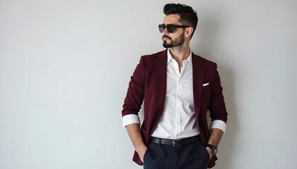 Stylish man in burgundy blazer and white shirt, posing confidently.