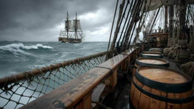 Deck Scene of Antique Ship on Open Ocean
