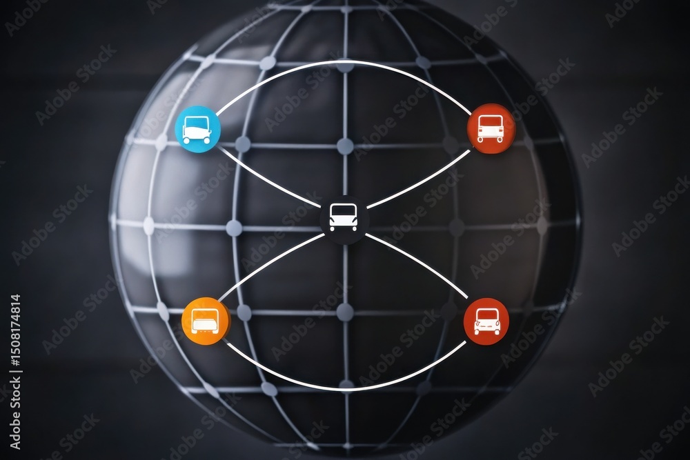 Poster a digital globe with interconnected bus icons symbolizes a global transportation or logistics networ