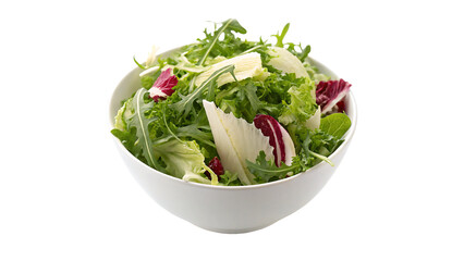 Fresh Mixed Green Salad with arugula, radicchio in a White Bowl isolated on transparent background