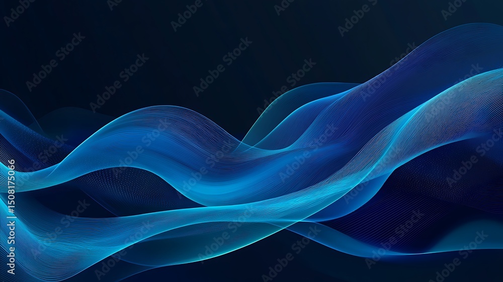 Poster abstract design with flowing blue lines on a dark background.
