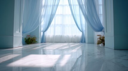Fototapeta premium Bright, airy room with sheer blue curtains, sunlight streaming in, and potted plants enhancing the tranquil atmosphere.