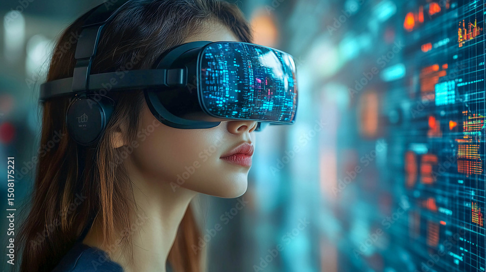 Poster a woman wearing virtual glasses that display vivid digital data and graphs. it is surrounded by many