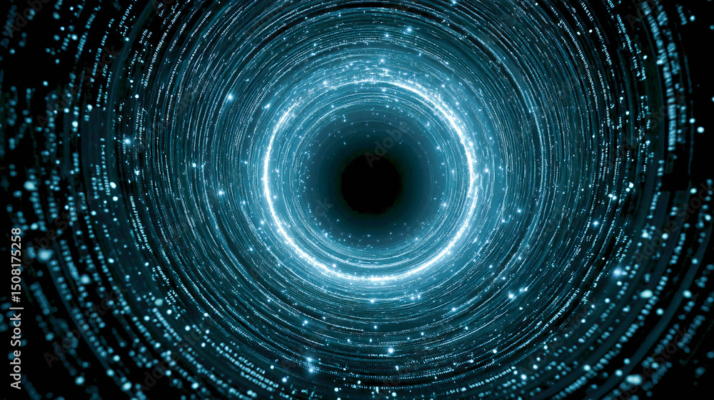 Poster a digital tunnel or vortex created from glowing blue dots and lines on a black background.