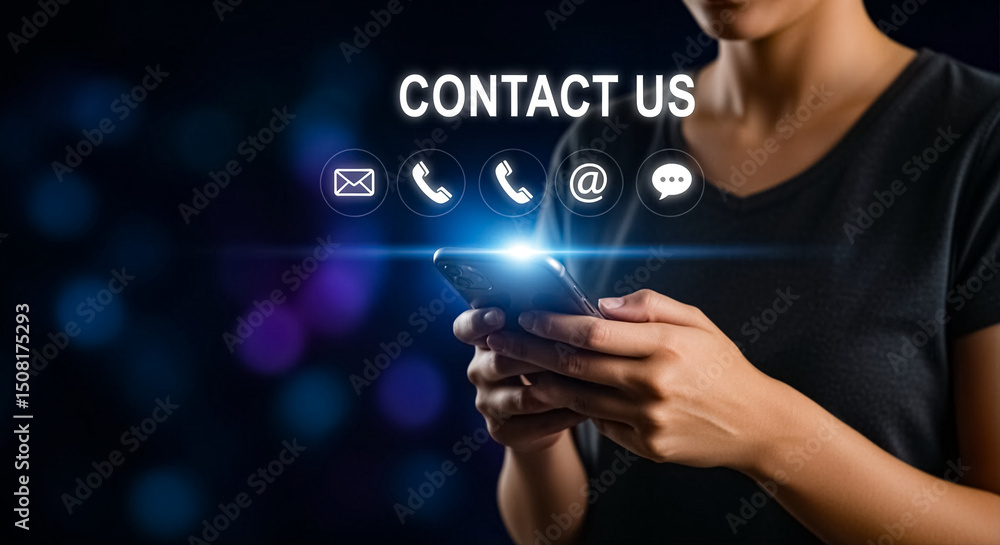 Poster smartphone displaying contact icons in a dark setting with glowing lights