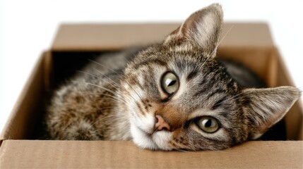 Tabby cat in a cardboard box
