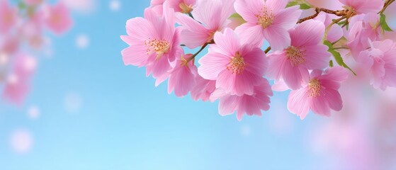 Fototapeta premium Delicate pink flowers bloom against a soft blue background, creating a serene and uplifting atmosphere.