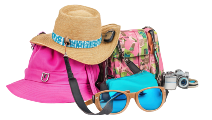 A straw hat, pink sun hat, camouflage bag, sunglasses, and camera rest together, suggesting travel preparedness