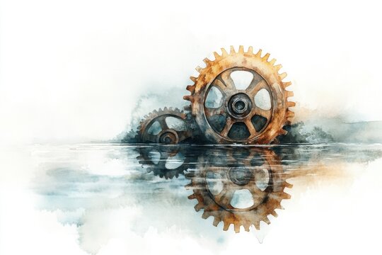 Two rusty gears reflected in water, depicted in a soft watercolor style with a light, industrial ambiance.