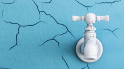 A dry water faucet mounted on a cracked, parched blue wall symbolizing drought and water scarcity.