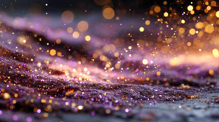 A bright and colorful image that captures the smallest particles of shiny glitter or dust, creating an effect of shimmer and depth. With a soft glow, predominant shades of purple, pink and gold.