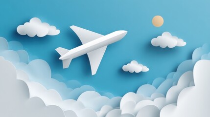 A paper airplane soaring through a layered sky of clouds