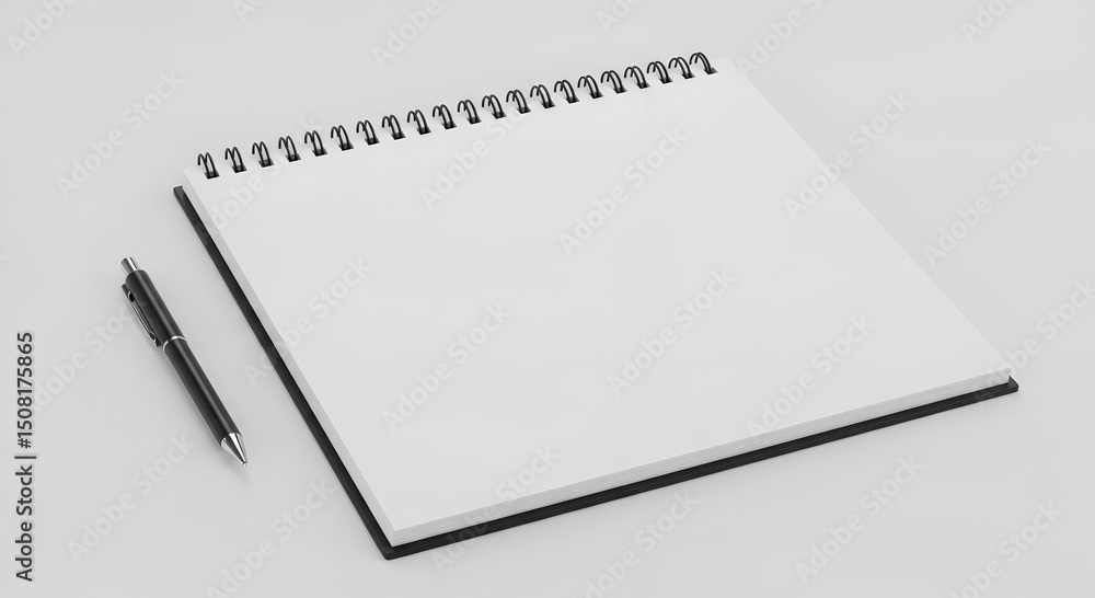 Poster blank spiral-bound notebook with pen resting on a plain white surface. empty notepad ready for conte