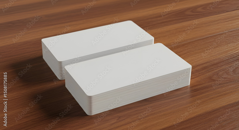 Poster stacks of blank business cards resting on a wooden surface. professional presentation of empty cards