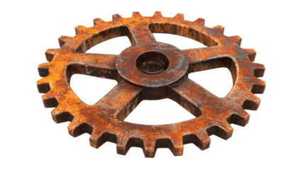 A heavily rusted, metallic gear with numerous teeth, showing significant wear and discoloration from age and exposure