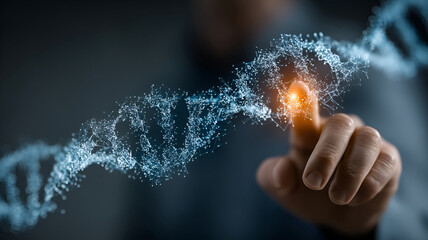 Interactive molecular structure manipulation, a futuristic representation of scientific advancement, connecting human touch with digital biology