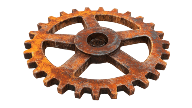 A heavily rusted, metallic gear with numerous teeth, showing significant wear and discoloration from age and exposure