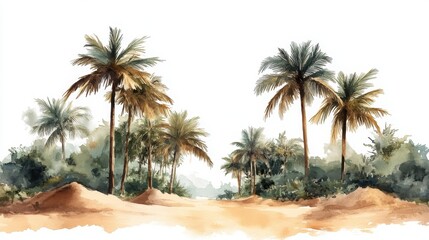 A watercolor painting of palm trees and sandy ground under a clear sky, evoking a tropical and serene landscape.