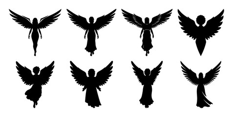 set of flying angels silhouette vector shapes black engraving laser cutting