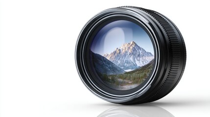 Close-up of a camera lens with a mountain scene
