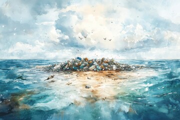 Obraz premium A small island of ocean trash floats in blue water under a cloudy sky, highlighting pollution and environmental concerns.