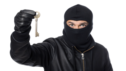 Masked criminal with a key committing robbery