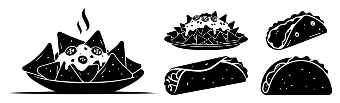 mexican food icons nachos tacos and burritos silhouette vector shape black engraving laser cutting