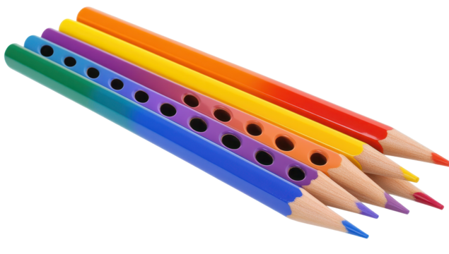 Five brightly colored pencils, rainbow hues, arranged in a slightly overlapping diagonal formation.  Each pencil features evenly spaced holes along its barrel