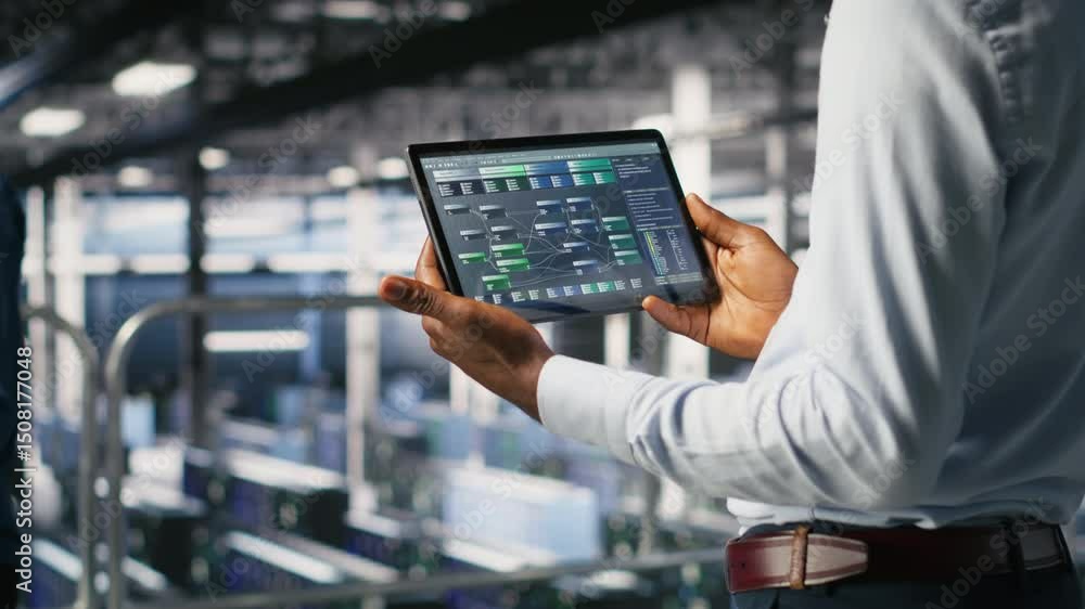 Poster data center admin checking code on tablet next to colleague reviewing ai visualizations in blurry ba