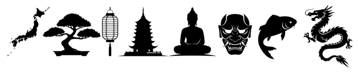 japan culture icons bonsai buddha dragon silhouette vector shape black engraving laser cutting