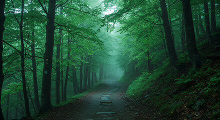 Obraz premium Mysterious Foggy Forest Path Enchanting Green Trees Stone Walkway Misty Atmosphere