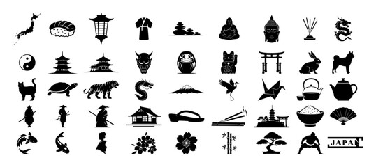 japanese culture and traditional symbols icon set vector shapes black engraving laser cutting
