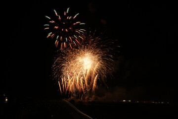 Spectacular fireworks display lighting up the night sky.A vibrant fireworks show with colorful bursts illuminating the night sky, perfect for celebrations, festivals, or seasonal events like New Year'