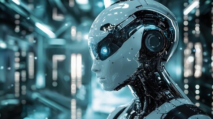 Fototapeta premium Futuristic robot head in intricate technological interior.
