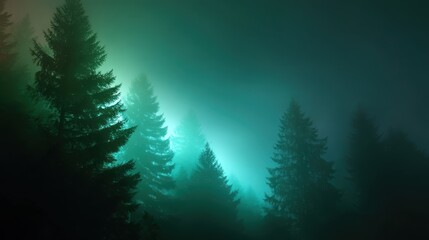 Mysterious forest scene illuminated by soft blue and green light, creating an ethereal atmosphere among tall trees.