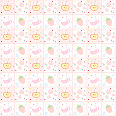 seamless pattern with strawberry apple and flowers 