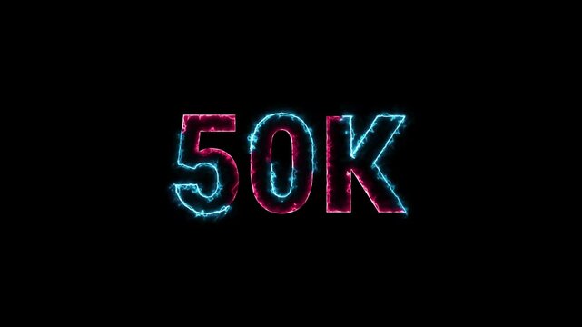 50k animation neon text effect video motion on black background. 50k Followers Celebration text animation.