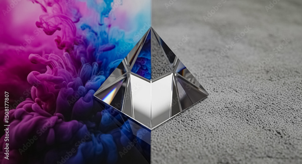 Poster prism on textured surface with colorful abstract background and light effects