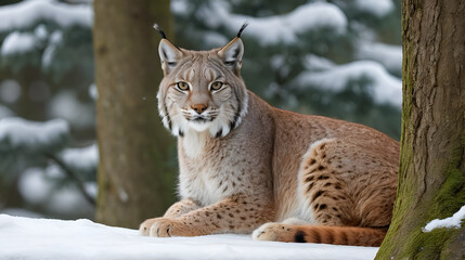 Obraz premium On a snowy setting a magnificent lynx with tufty ears and piercing gaze rests